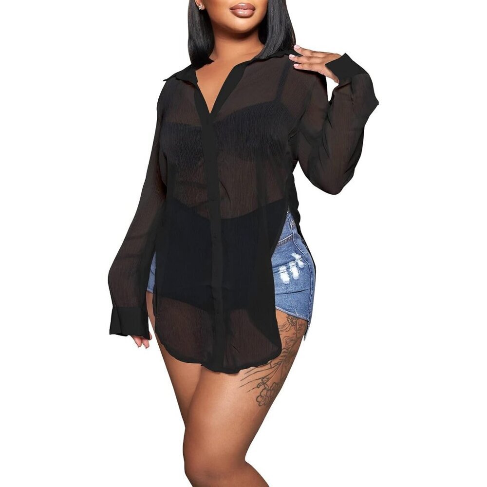 Women's Sheer Mesh Blouse Long Sleeve Button Up V-Neck See Through Top